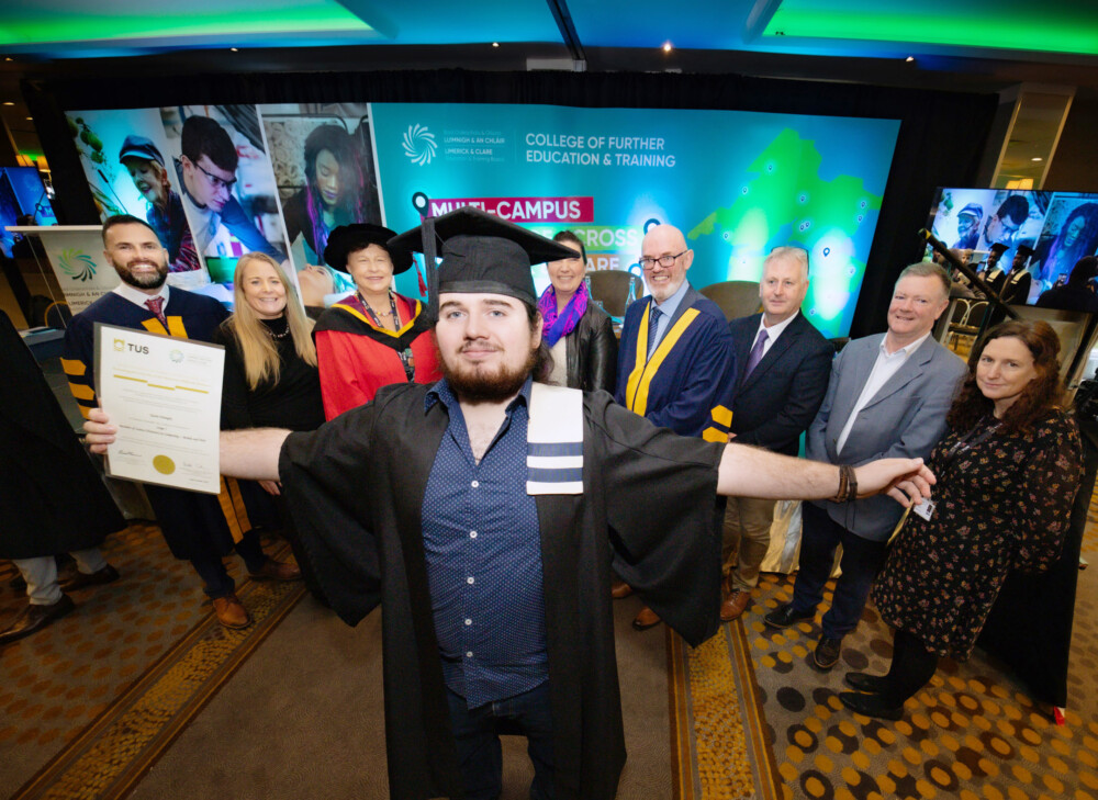 Shane Cullinane, Principal, College of FET, Mulgrave Street Campus, Triona Lynch, Adult Educator/FET manager at Limerick and Clare ETB, Dr. Maria Kyne, Vice President, Academic Affairs and Registrar at TUS, Tanya Jones, Deputy Director of the National Tertiary Office, Paul Patton, Director of Further Education and Training at Limerick and Clare ETB, Dr. Declan Blackett, Tertiary Education Manager at Limerick and Clare ETB, James Collins, Head of Department, Business and Financial Services at TUS and Dr. Sarah O’Toole, Tertiary Education Manager at TUS pictured celebrating with Kevin Donaghy centre.
